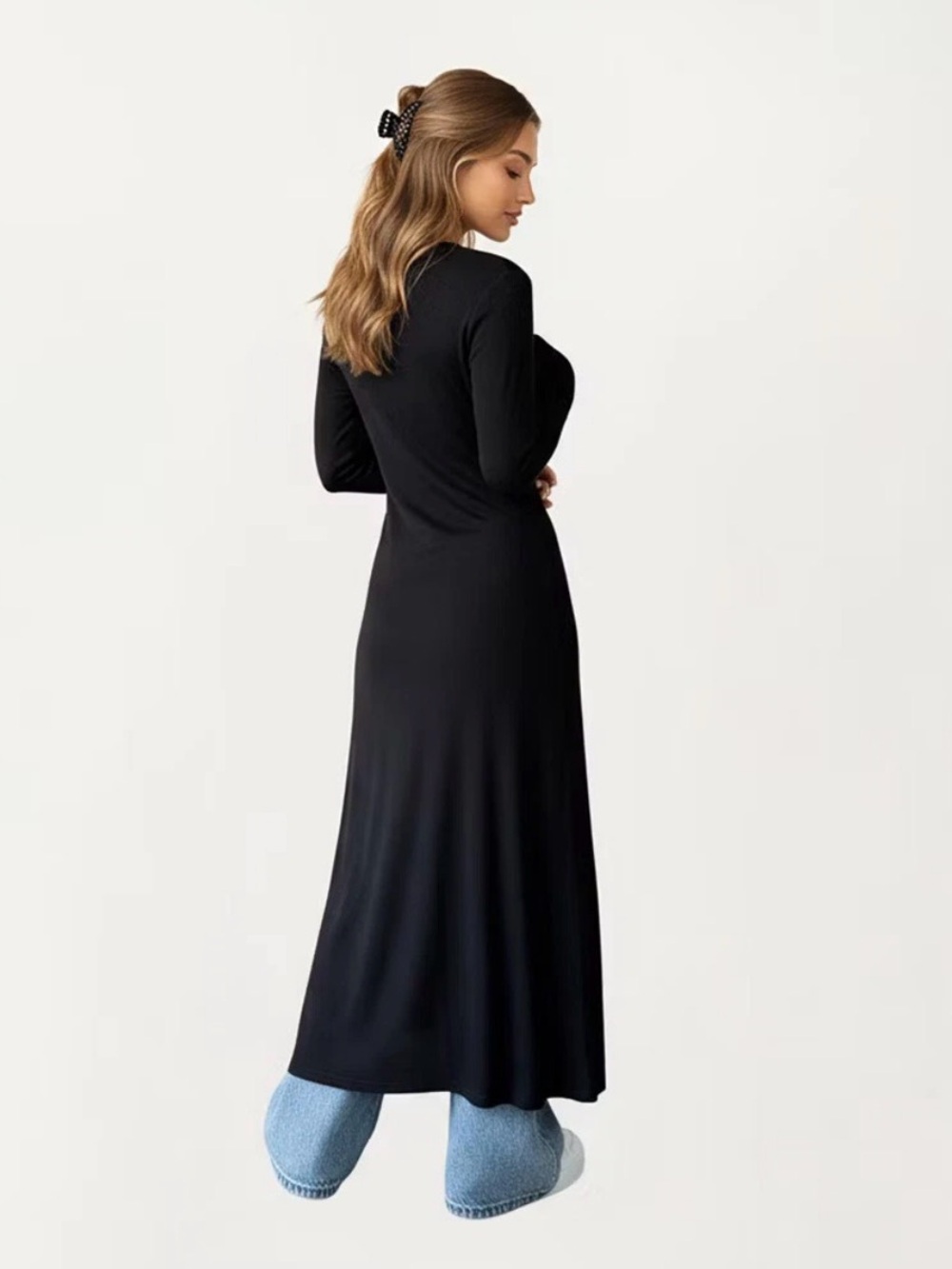 Long Black Maxi Button-Front Ribbed Cardigan - Picture 3 of 6